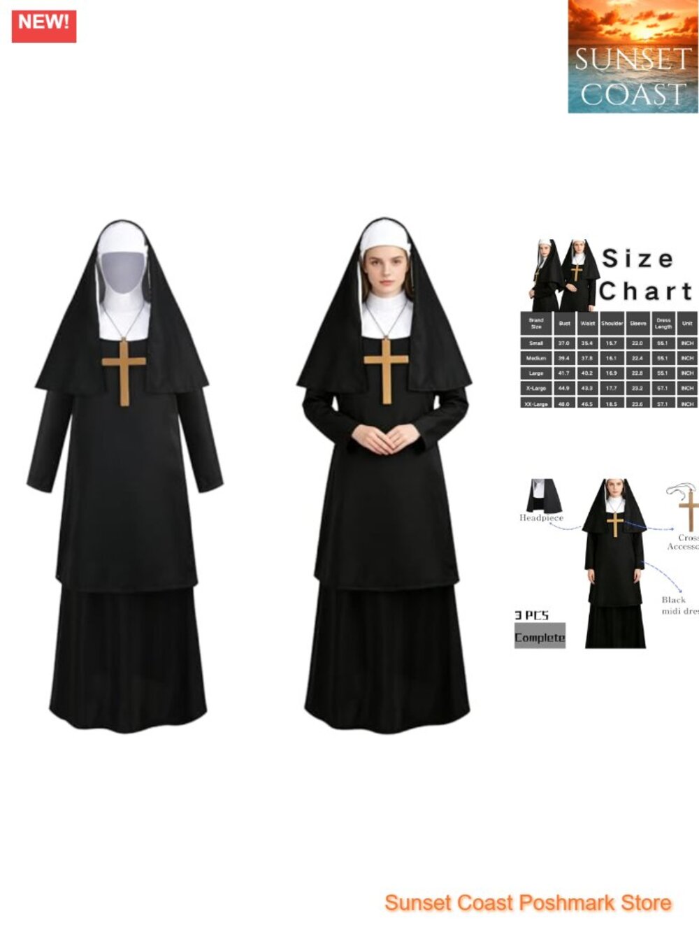 Women's Nun Costume Black Dress Habit Headpiece Cross Necklace Halloween